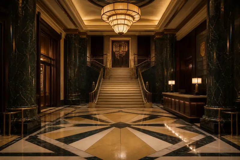 Marmurowe foyer klubu Golden Lounge z kolumnami i schodami