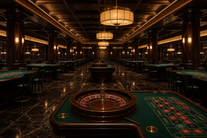 Główna sala gier z rzędami stołów do ruletki i blackjacka