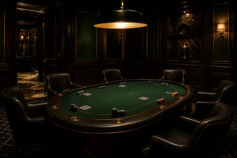 Kameralny salon pokerowy z owalnym stołem i skórzanymi fotelami