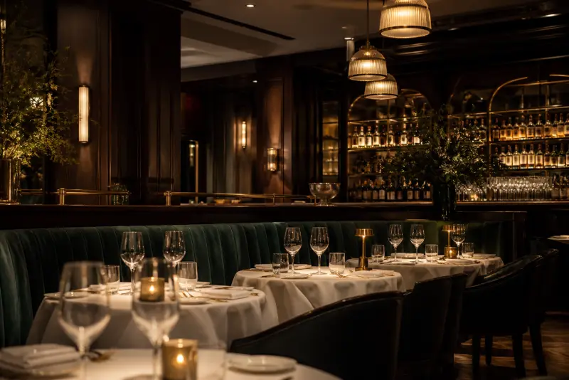 Sala restauracji Aurea z nakrytymi stołami i zielonymi kanapami
